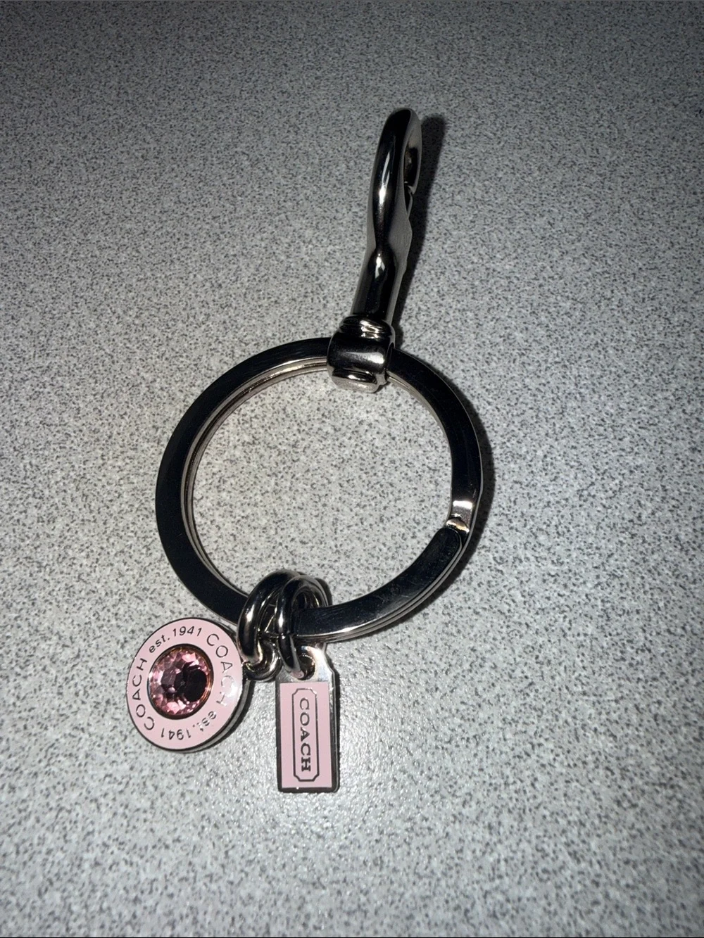 Coach Silver-Tone Key Ring with Pink Crystal and Enamel Tag